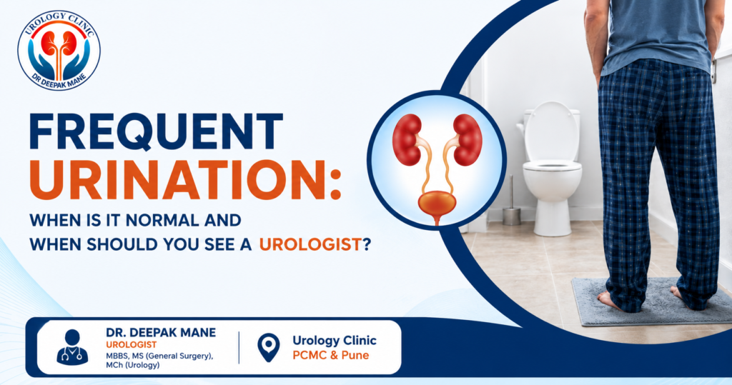 Frequent Urination: When Is It Normal and When Should You See a Urologist? Blog banner by Dr. Deepak Mane featuring urinary system illustration and urology clinic branding.