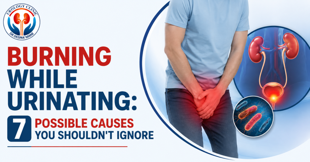 Burning while urinating: 7 possible causes you shouldn’t ignore, featuring a person experiencing urinary discomfort with kidney, bladder, and urinary tract i